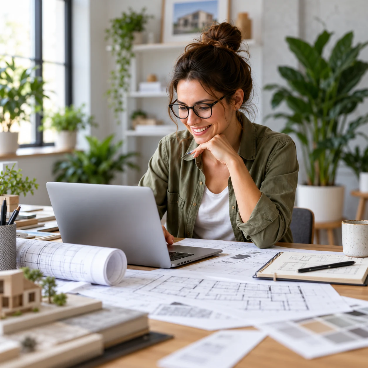 Architect reviewing residential house plans on a laptop