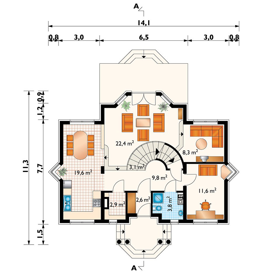House Plan with Sitting Area, Large Kitchen and Basement