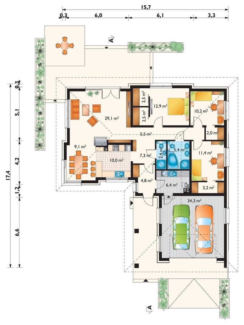 3-Bedroom, Single Level L-shaped House Plan with 2-Car Garage