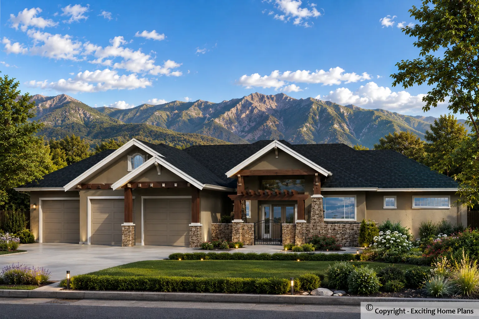 1-Story House Plan with Basement 2308 ft²: 4 Beds, 3.5 Baths, Open Floor Plan, 3-Car Garage