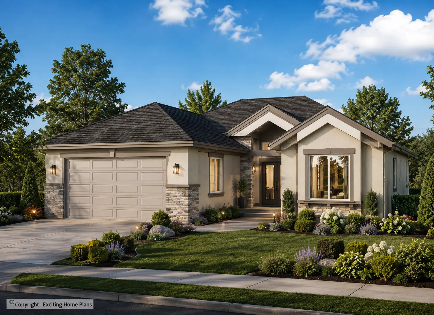 1-Story House Plan with Basement 1714 ft²: 4 Beds, 3 Baths, Open Floor Plan, 2-Car Garage
