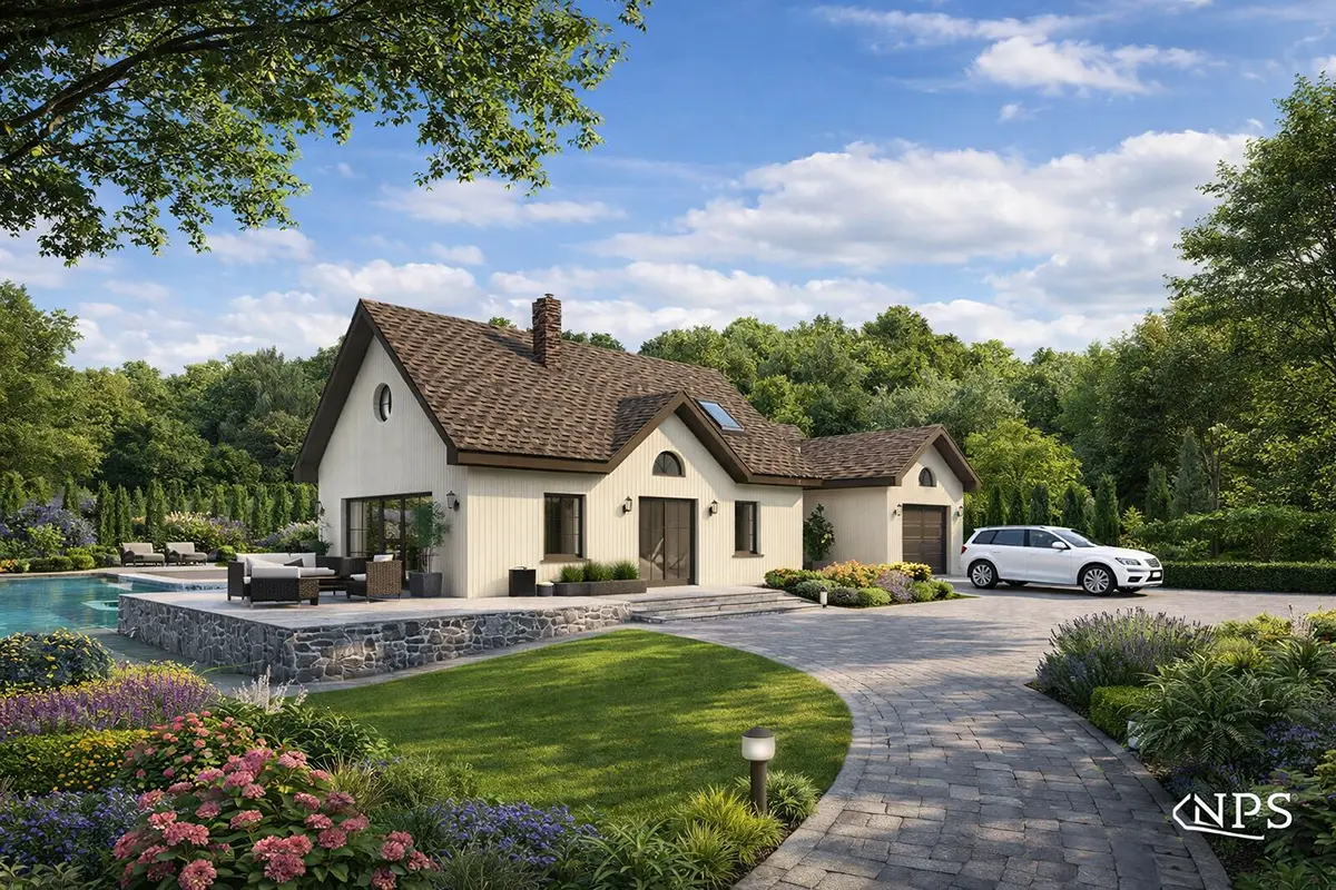 House Plan: 1104 ft², 1.5 Stories, 2 Beds, Home Office, 2 Baths, Open Floor Plan, 1-Car Garage