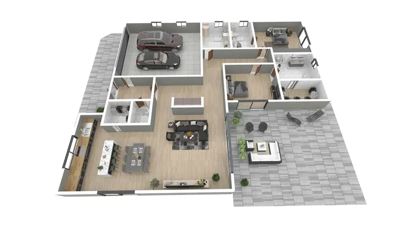 House Plan: 1619 ft², 1 Story, 2 Beds, 2.5 Baths, Open Floor Plan, 2-Car Garage