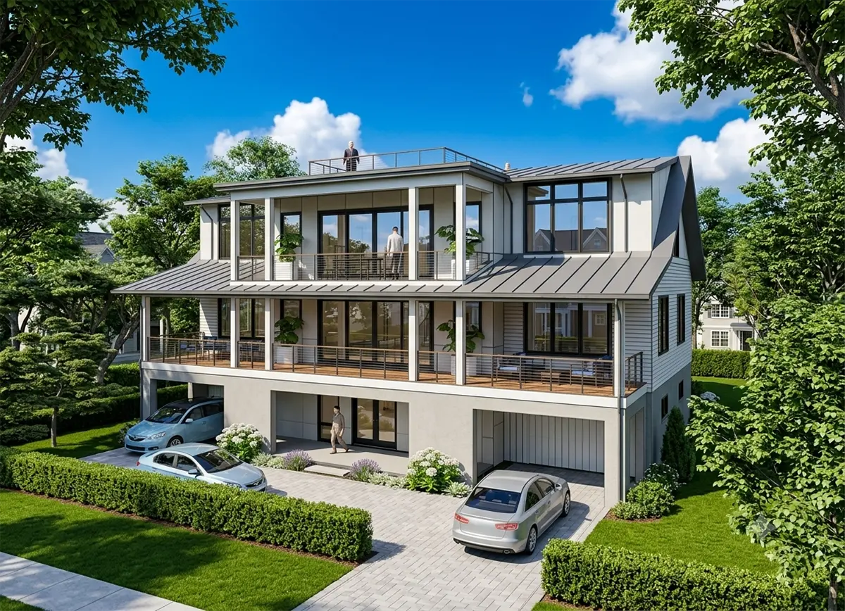 3-Story House Plan 3436 ft²: 4 Beds, Home Office, 4.5 Baths, Open Floor Plan, 3-Car Garage