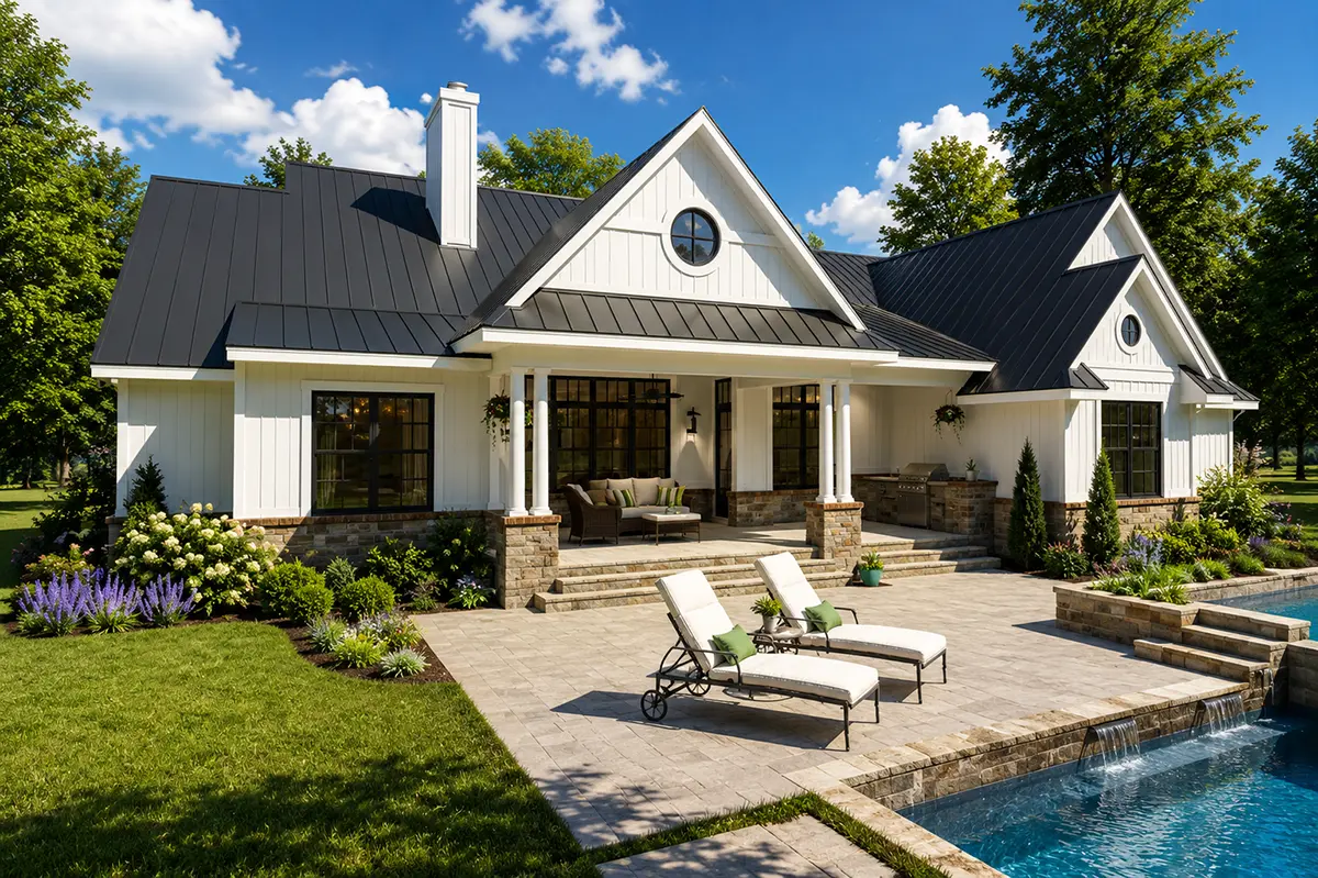 1.5-Story House Plan 2931 ft²: 2 Beds, Home Office, 3.5 Baths, Open Floor Plan, 2-Car Garage