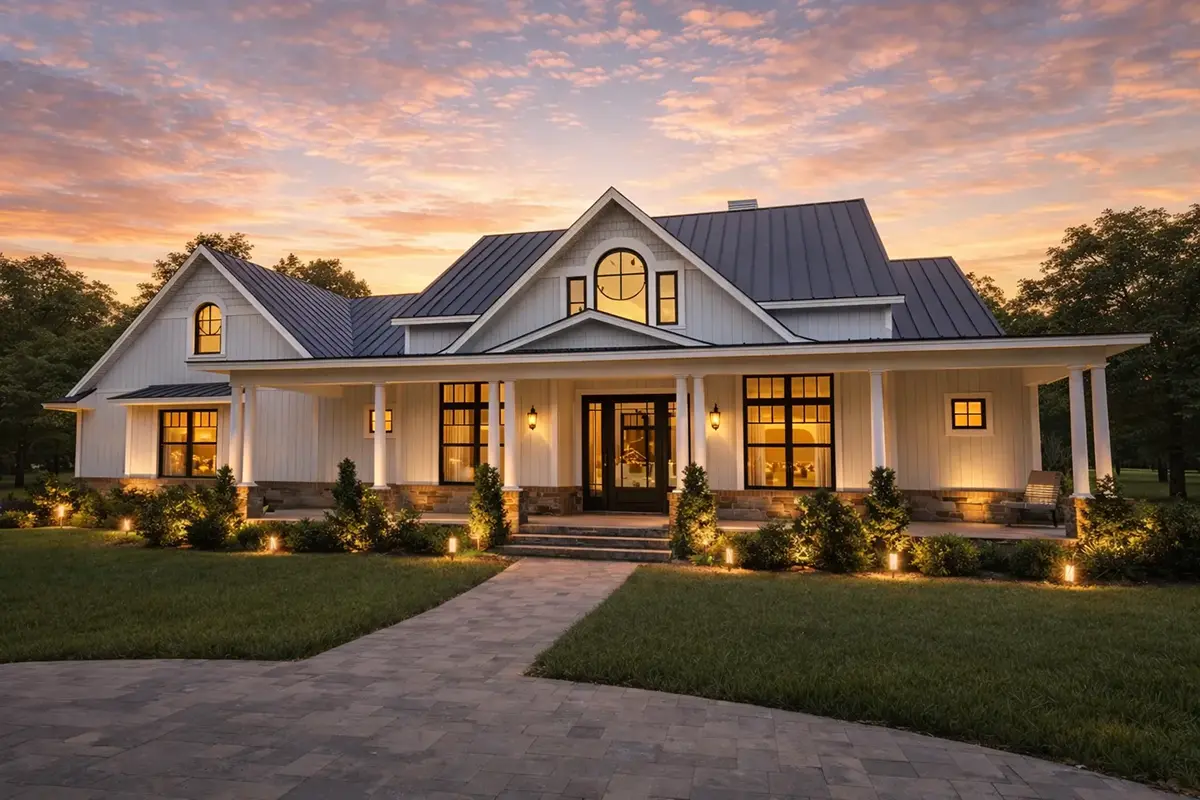 1.5-Story House Plan 2931 ft²: 2 Beds, Home Office, 3.5 Baths, Open Floor Plan, 2-Car Garage