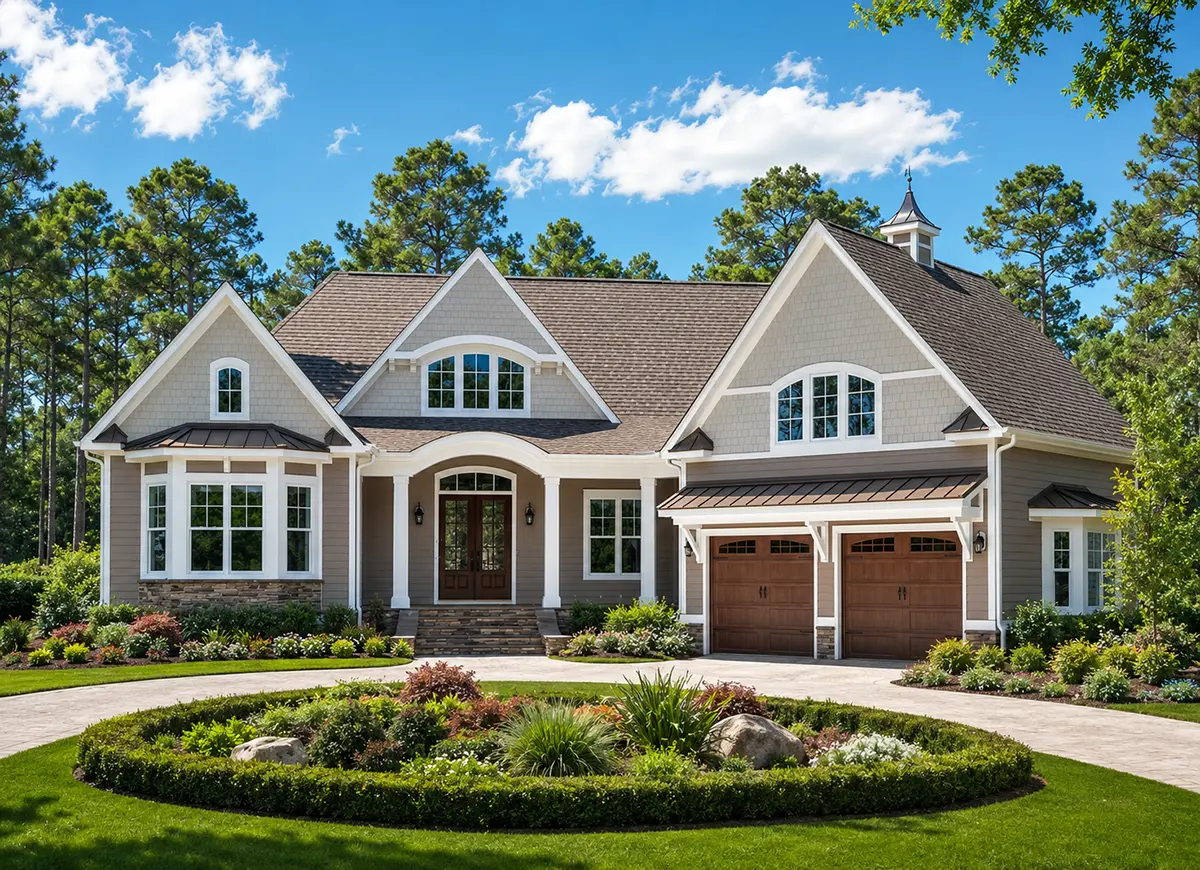 1.5-Story House Plan 3605 ft²: 4 Beds, Home Office, 3.5 Baths, Open Floor Plan, 2-Car Garage