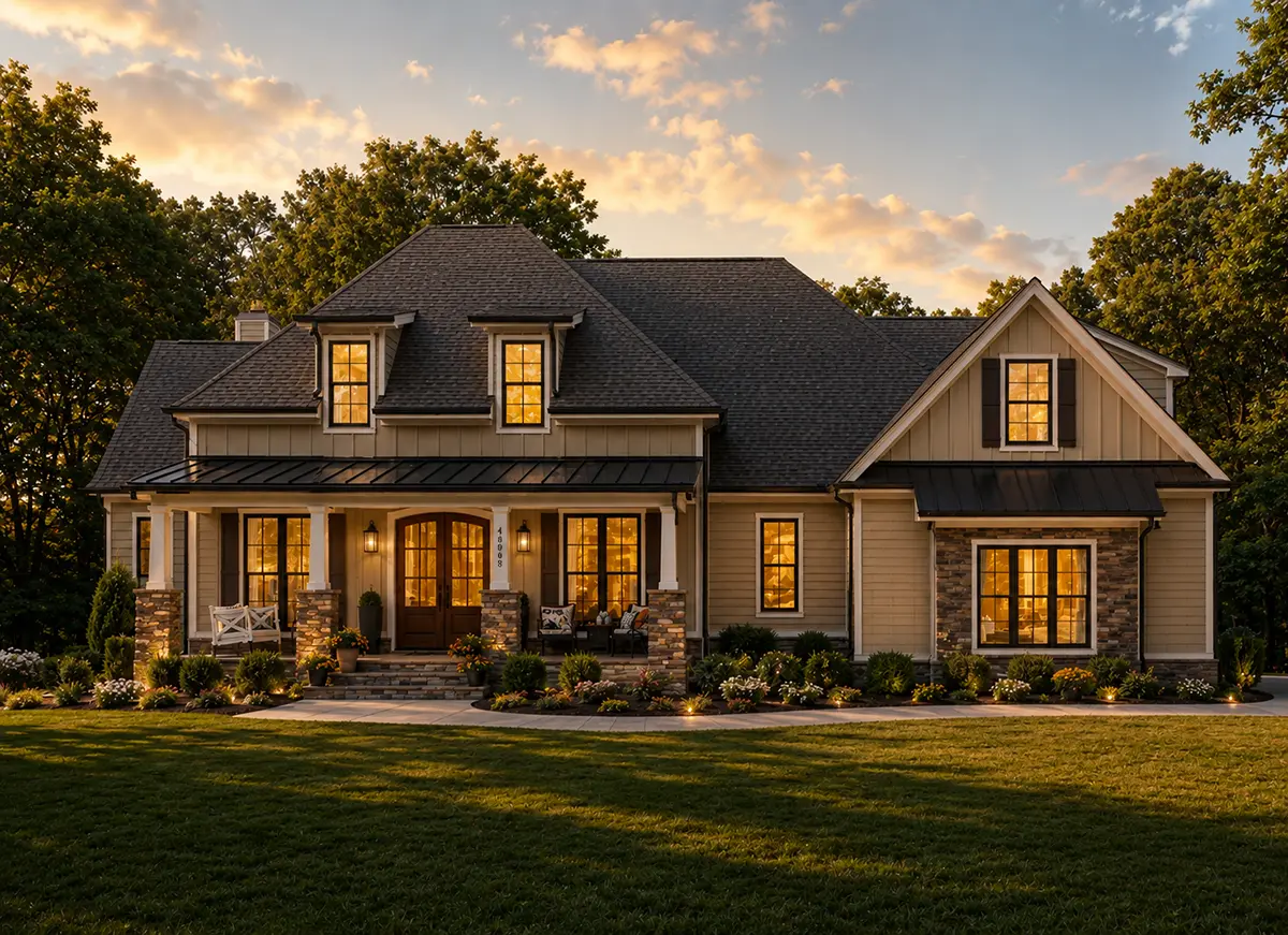 1.5-Story House Plan 3412 ft²: 4 Beds, Home Office, 3.5 Baths, Open Floor Plan, 2-Car Garage