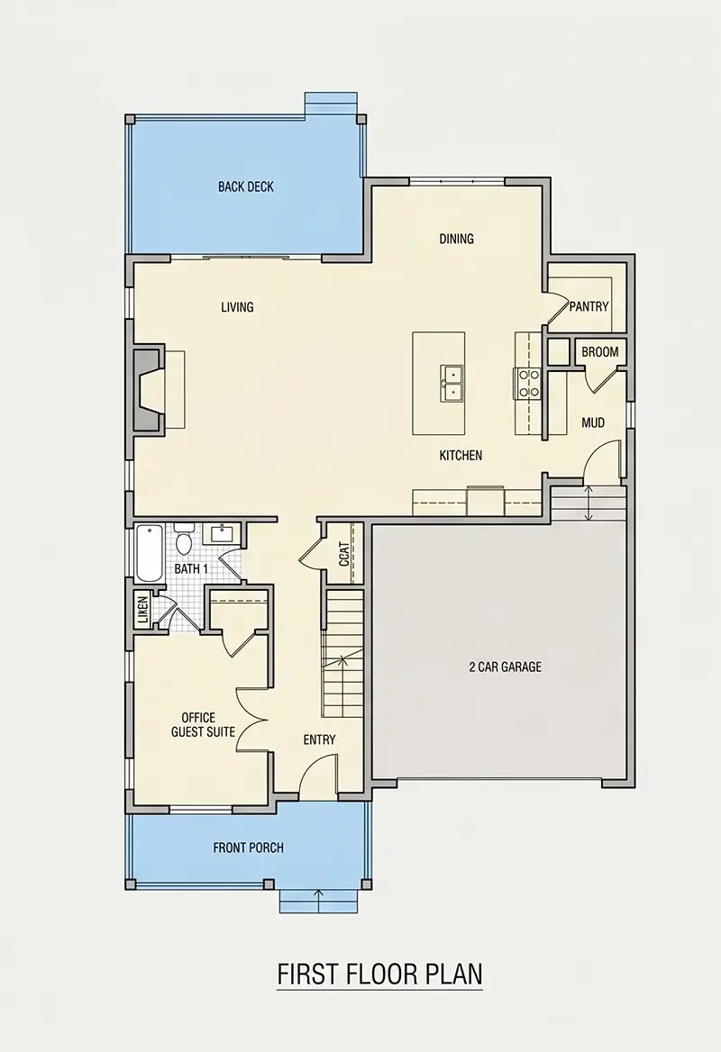 Main Floor 9 – 2-Story House Plan 2583 ft²: 3 Beds, Home Office, 3 Baths, Open Floor Plan, 2-Car Garage — 94159R