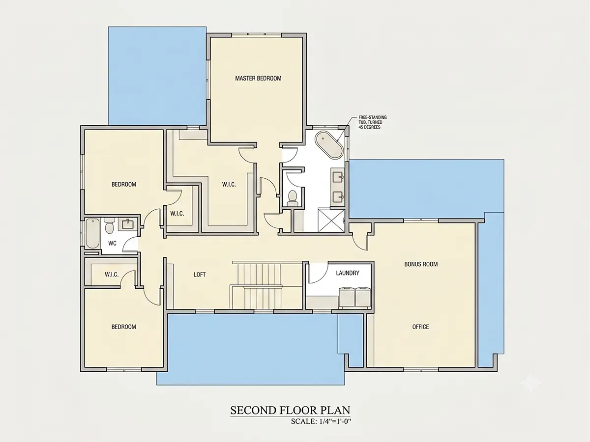 Second Floor 10 – 2-Story House Plan 3170 ft²: 4 Beds, 3.5 Baths, Open Floor Plan, 3-Car Garage — 13464R