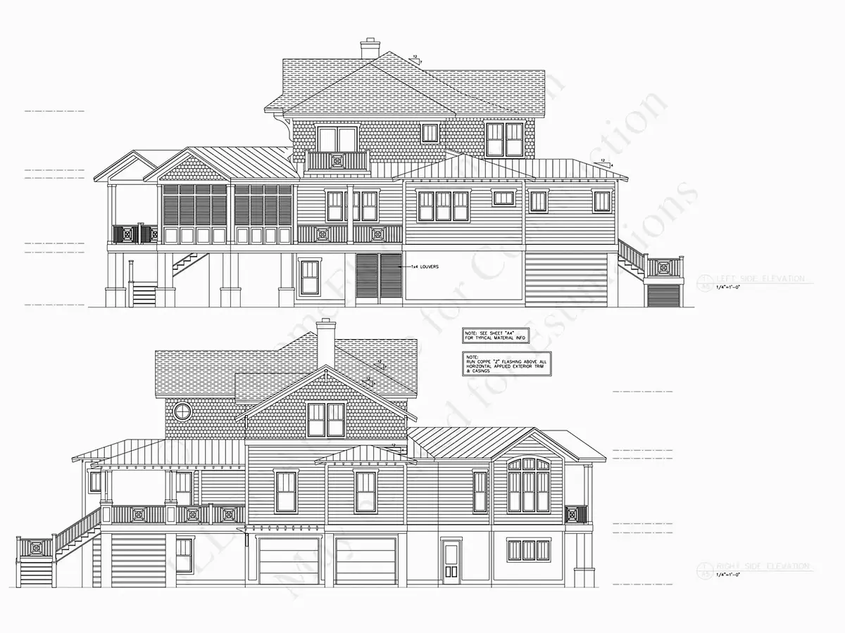 Exterior Elevations 31 – 3-Story House Plan 6300 ft²: 5 Beds, Home Office, 6 Baths, Open Floor Plan, 2-Car Garage — 10297R