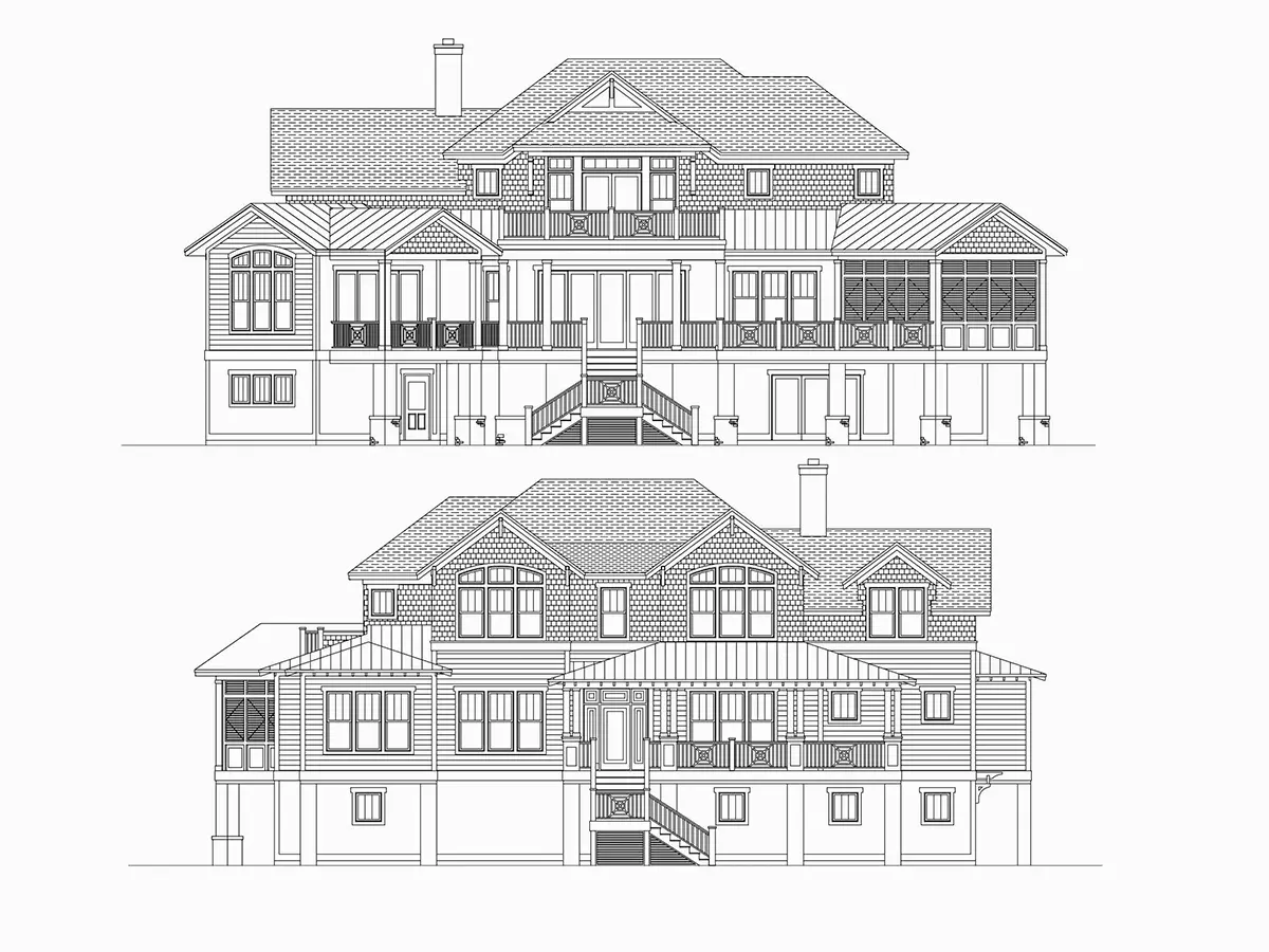 Exterior Elevations 30 – 3-Story House Plan 6300 ft²: 5 Beds, Home Office, 6 Baths, Open Floor Plan, 2-Car Garage — 10297R