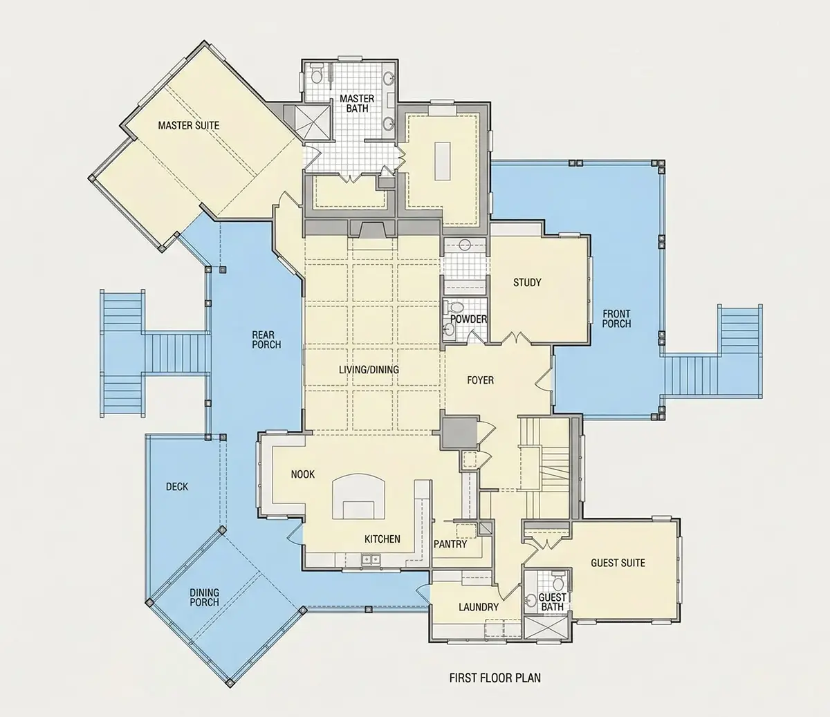 Main Floor 33 – 3-Story House Plan 6300 ft²: 5 Beds, Home Office, 6 Baths, Open Floor Plan, 2-Car Garage — 10297R