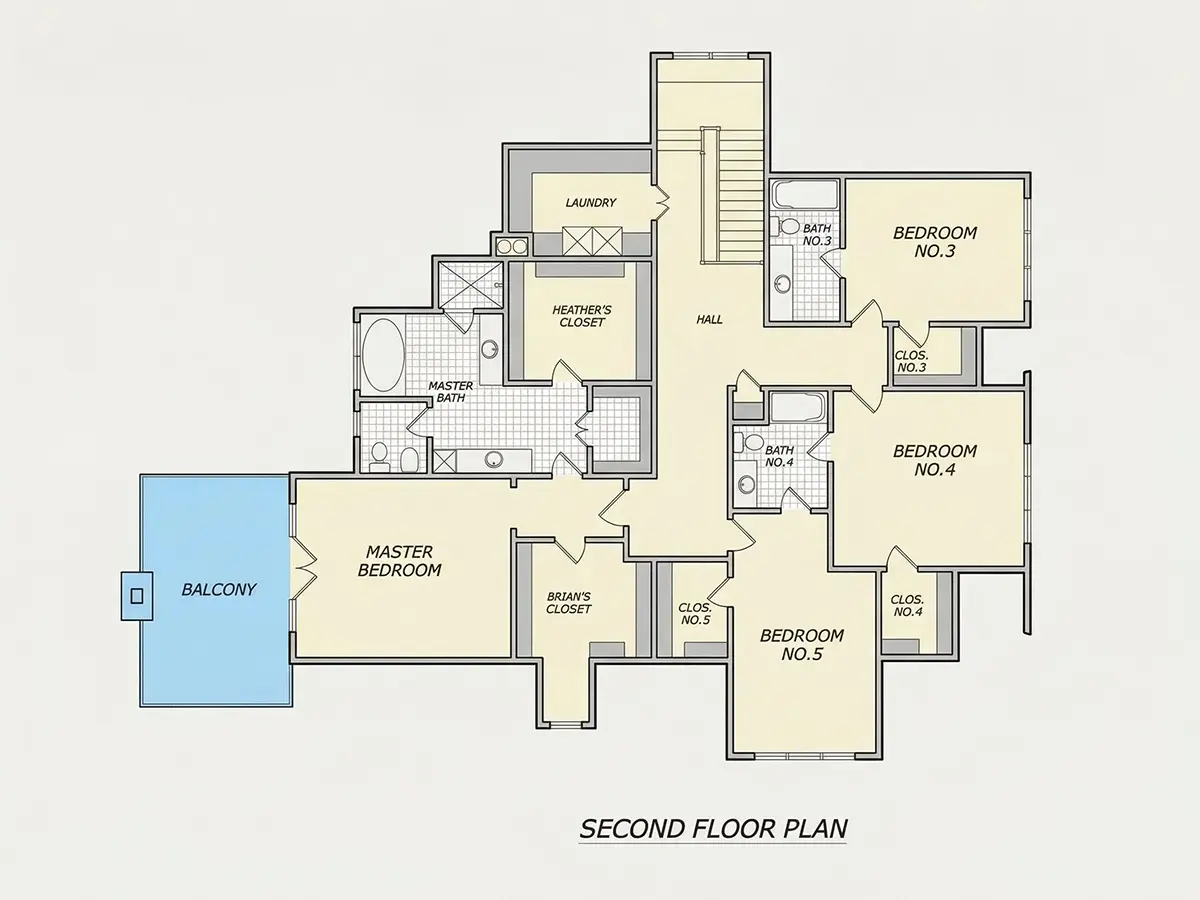 Second Floor 34 – 2-Story House Plan with Basement 6776 ft²: 6 Beds, 5.5 Baths, Open Floor Plan, 2-Car Garage — 59624R