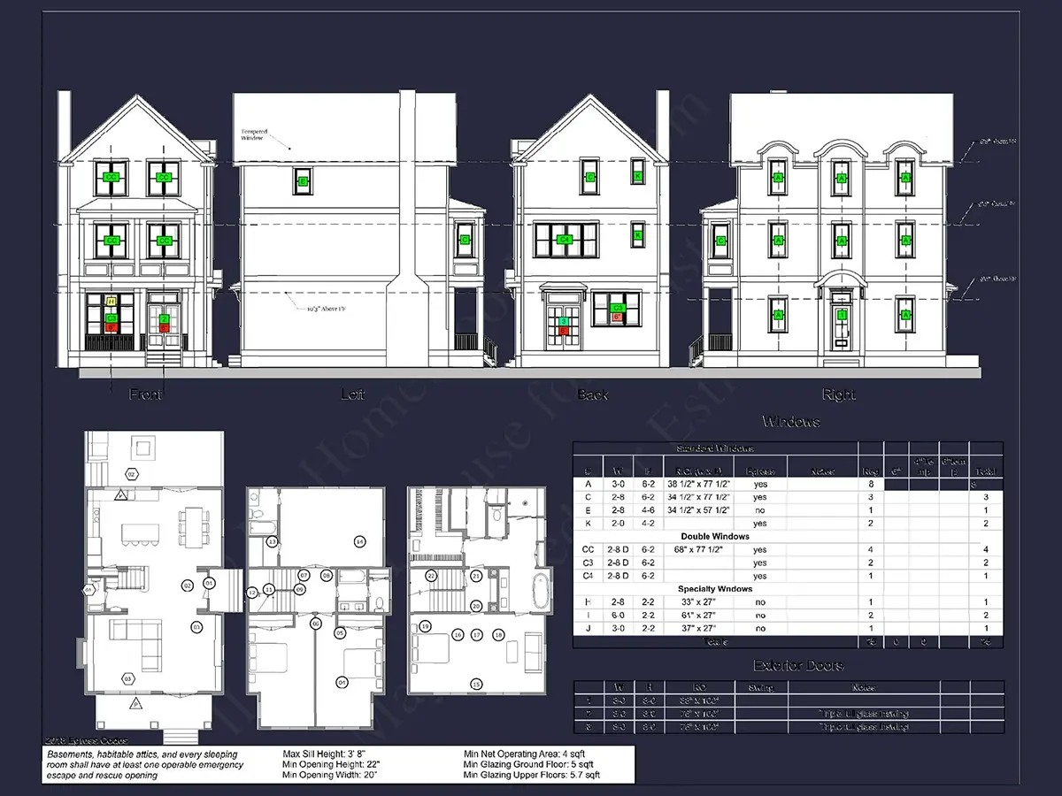 Exterior Elevations 5 – 3-Story House Plan 2707 ft²: 5 Beds, Home Office, 3.5 Baths, Open Floor Plan, without Garage — 24322R