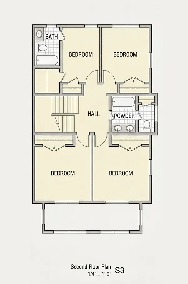Second Floor 7 – 3-Story House Plan 2707 ft²: 5 Beds, Home Office, 3.5 Baths, Open Floor Plan, without Garage — 24322R