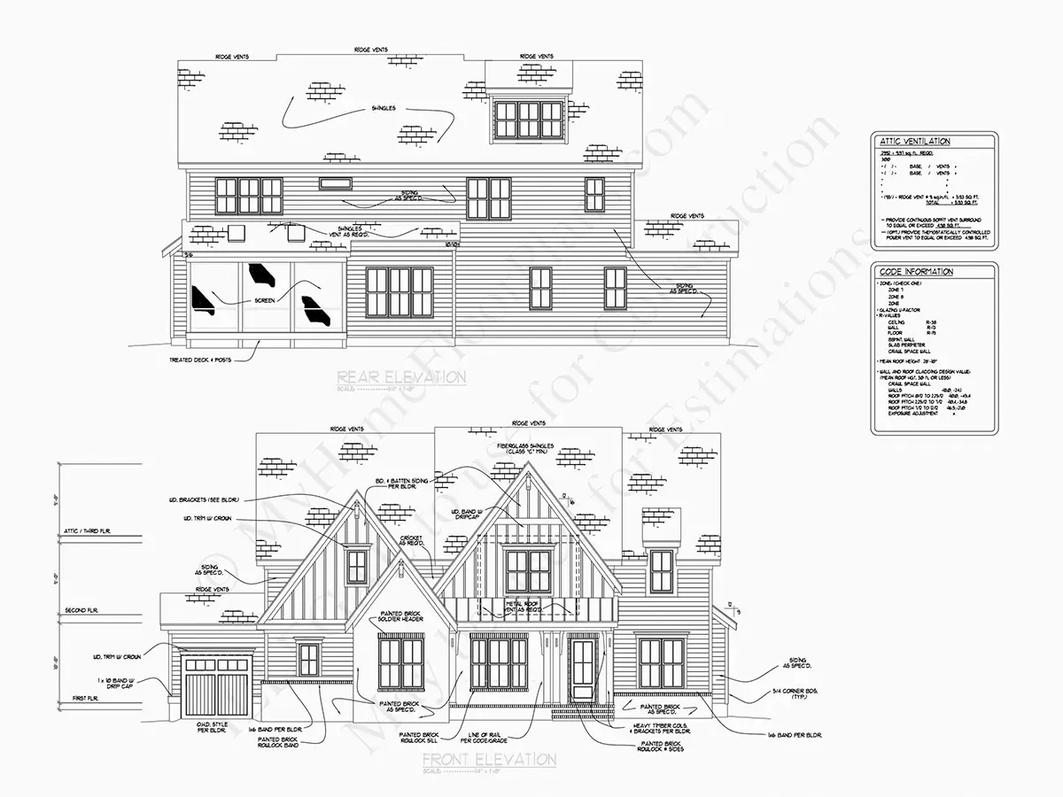 Exterior Elevations 6 – 3-Story House Plan 4001 ft²: 5 Beds, Home Office, 5.5 Baths, Open Floor Plan, 3-Car Garage — 29445R