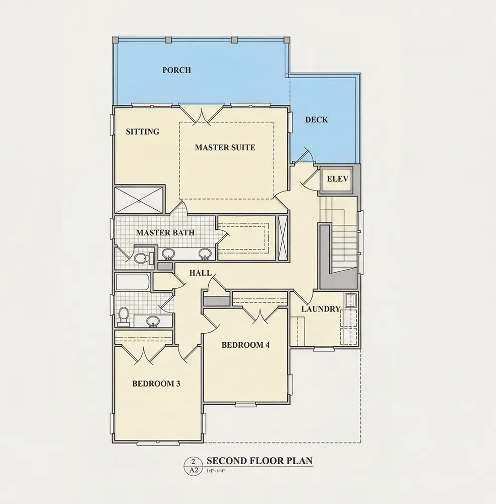 Second Floor 10 – 3-Story House Plan 2785 ft²: 4 Beds, 3.5 Baths, Open Floor Plan, 2-Car Garage — 70970R