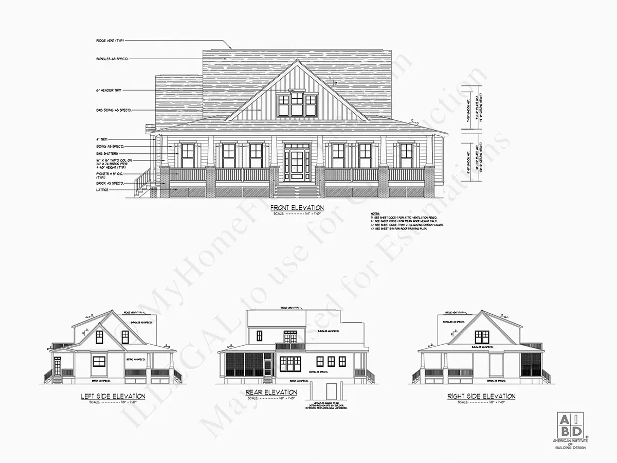 Exterior Elevations 5 – 1.5-Story House Plan 2506 ft²: 3 Beds, 2.5 Baths, Open Floor Plan, without Garage — 78316R