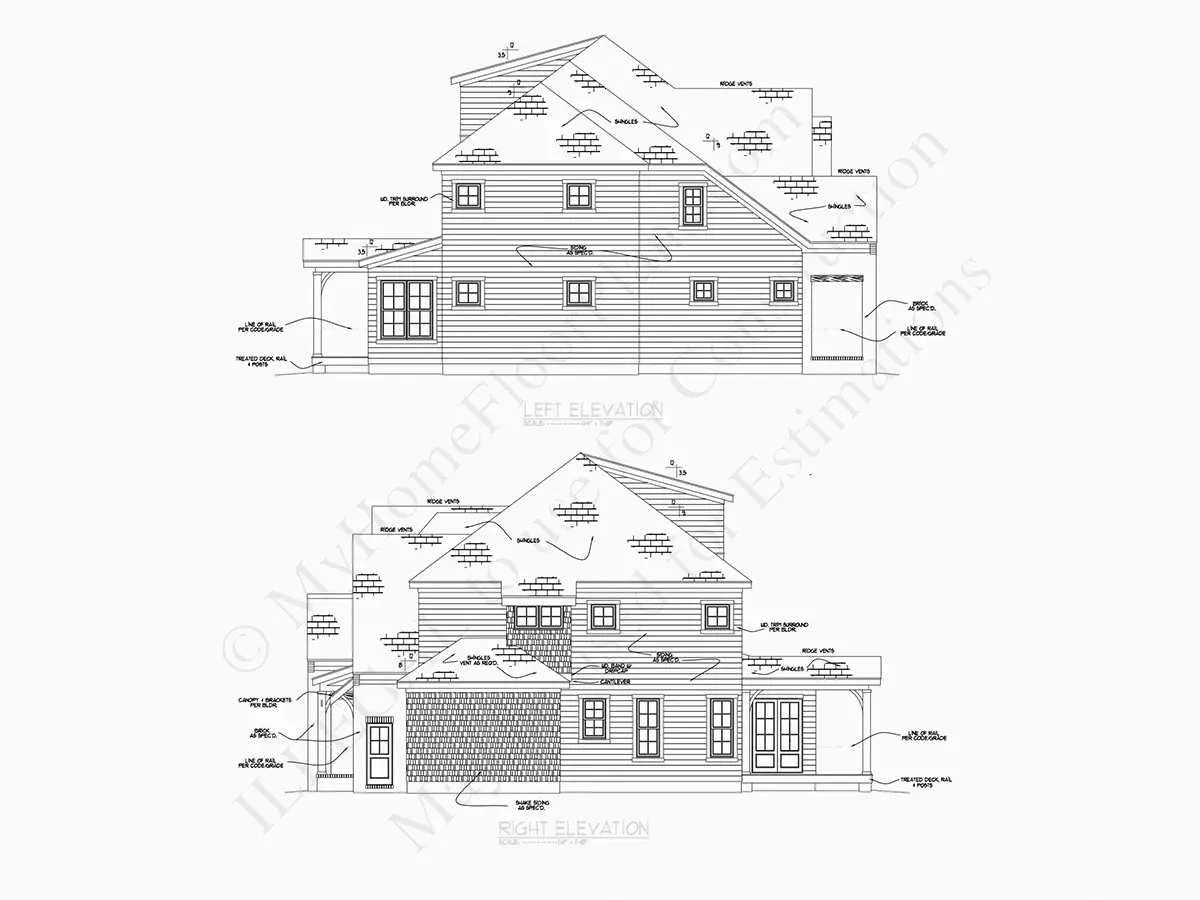 Exterior Elevations 7 – 2-Story House Plan 3223 ft²: 4 Beds, 4.5 Baths, Open Floor Plan, 2-Car Garage — 29805R