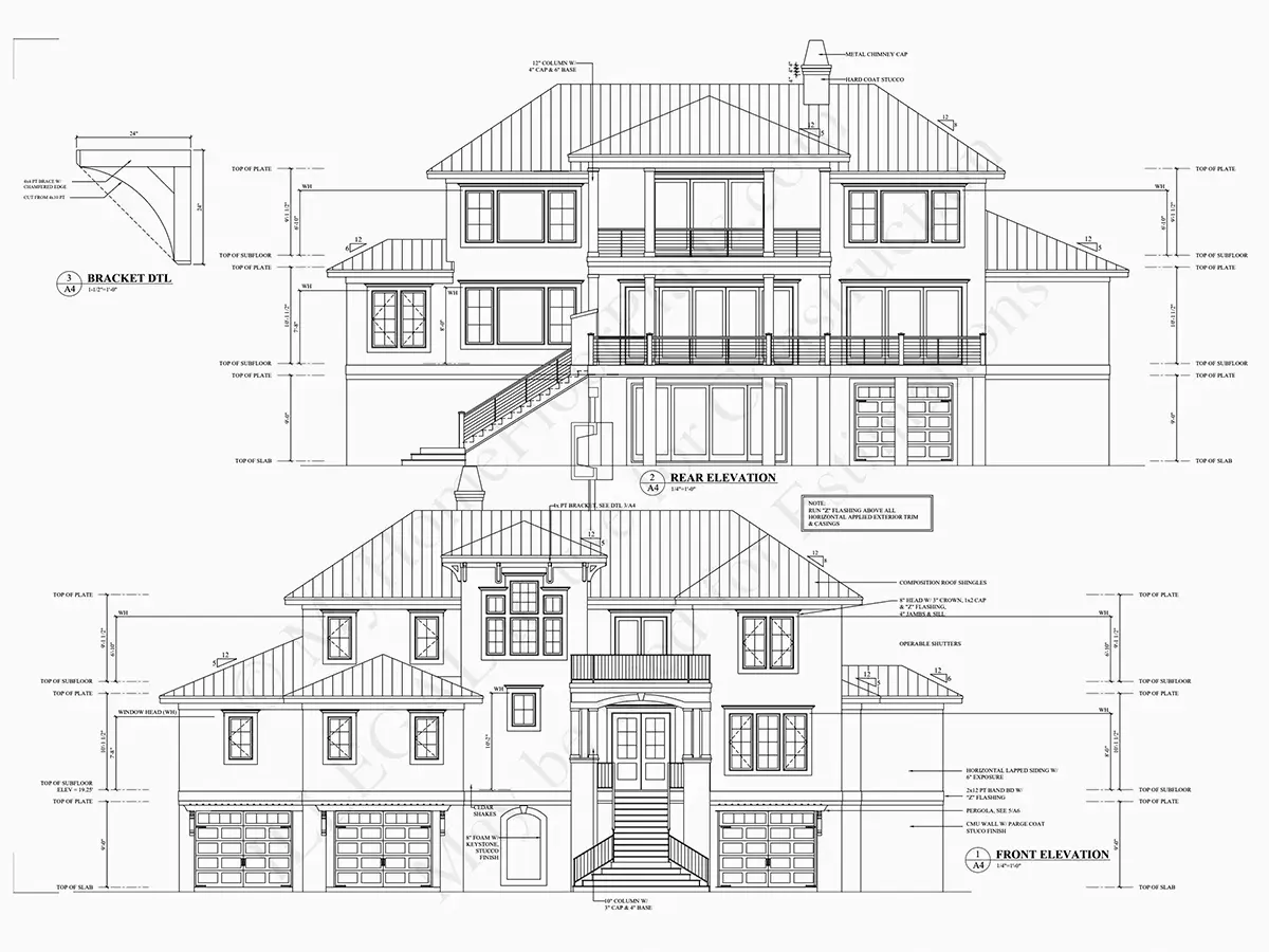 Exterior Elevations 6 – 3-Story House Plan 6164 ft²: 4 Beds, 5.5 Baths, Open Floor Plan, 4-Car Garage — 90915R