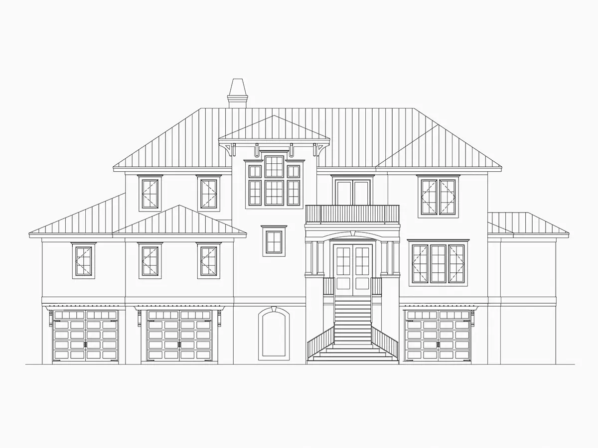 Exterior Elevations 5 – 3-Story House Plan 6164 ft²: 4 Beds, 5.5 Baths, Open Floor Plan, 4-Car Garage — 90915R