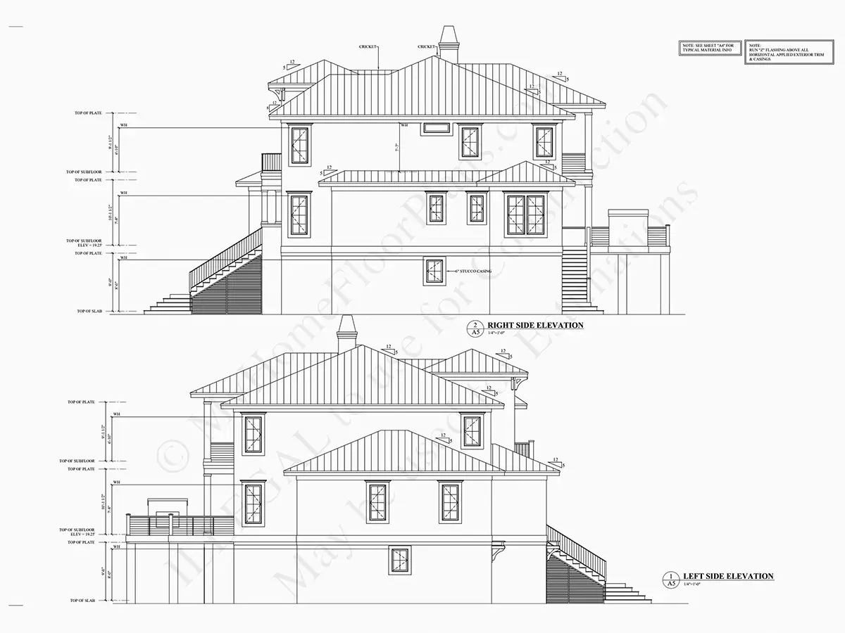 Exterior Elevations 7 – 3-Story House Plan 6164 ft²: 4 Beds, 5.5 Baths, Open Floor Plan, 4-Car Garage — 90915R