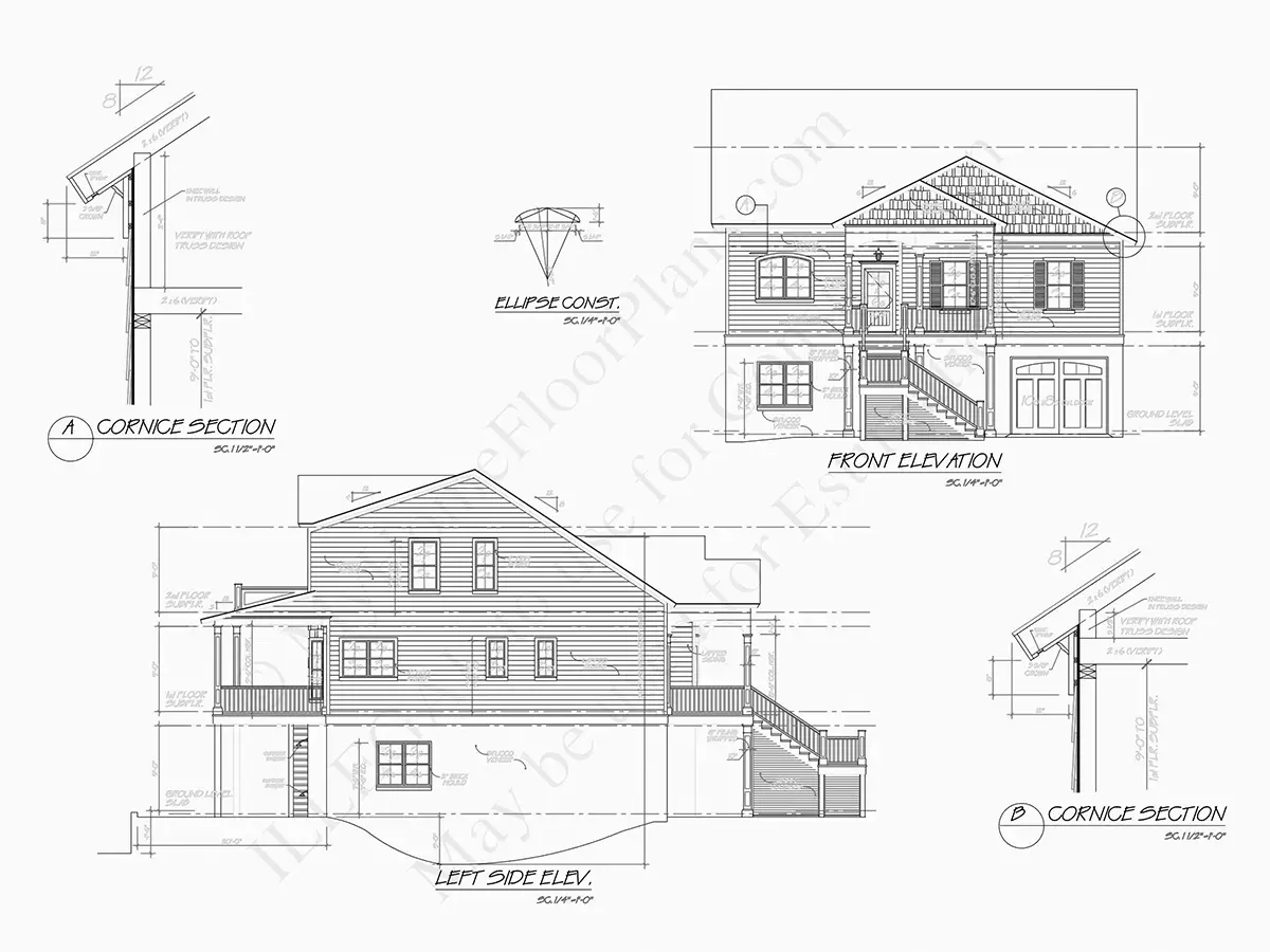 Exterior Elevations 6 – 3-Story House Plan 2696 ft²: 4 Beds, 3 Baths, Open Floor Plan, 2-Car Garage — 25020R