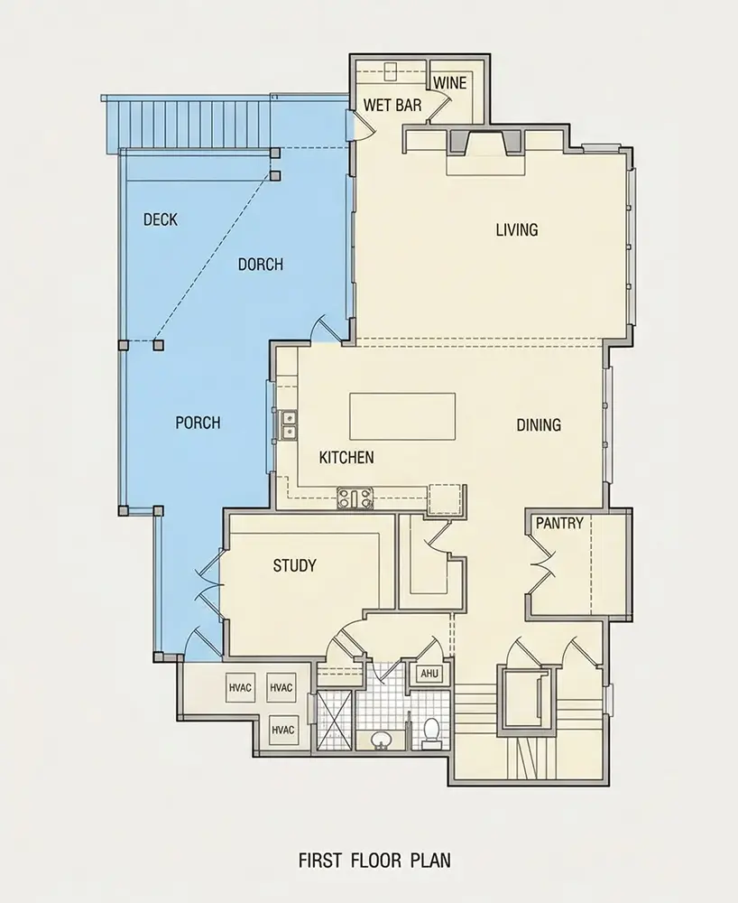Main Floor 12 – 3-Story House Plan 2295 ft²: 4 Beds, Home Office, 5.5 Baths, Open Floor Plan, 2-Car Garage — 89404R