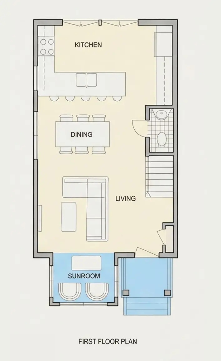 Main Floor 8 – 3-Story House Plan 1700 ft²: 3 Beds, 2.5 Baths, Open Floor Plan, without Garage — 46831R