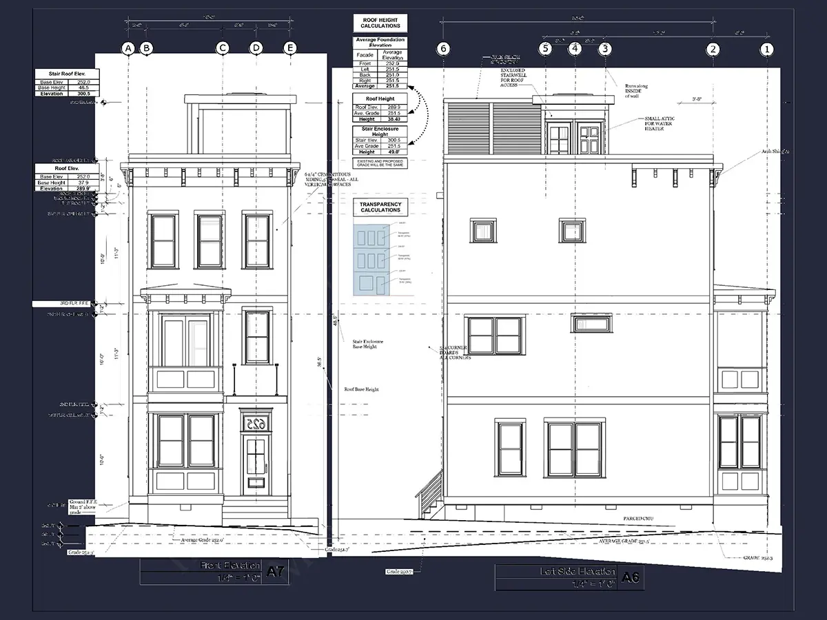 Exterior Elevations 5 – 3-Story House Plan 1700 ft²: 3 Beds, 2.5 Baths, Open Floor Plan, without Garage — 46831R