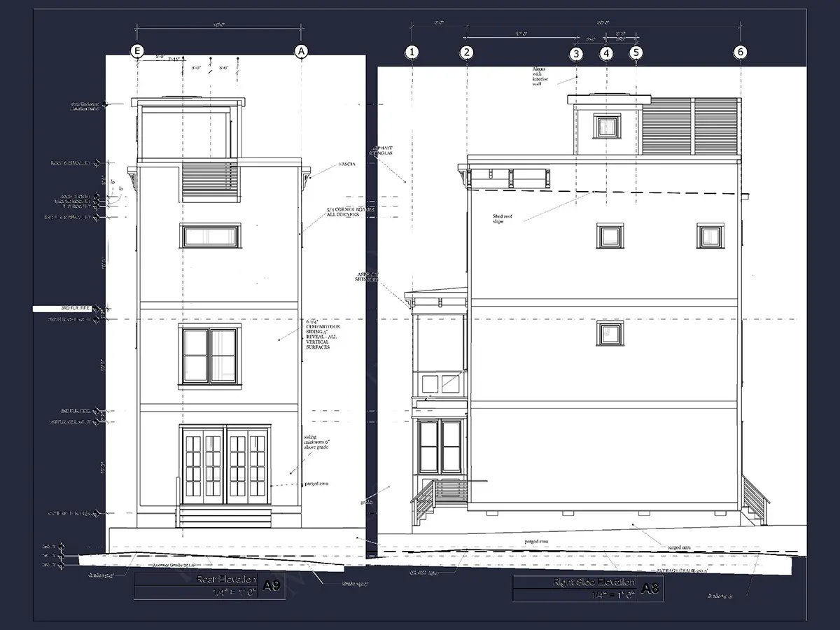 Exterior Elevations 6 – 3-Story House Plan 1700 ft²: 3 Beds, 2.5 Baths, Open Floor Plan, without Garage — 46831R
