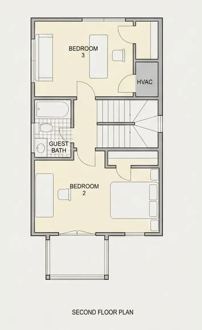Second Floor 9 – 3-Story House Plan 1700 ft²: 3 Beds, 2.5 Baths, Open Floor Plan, without Garage — 46831R