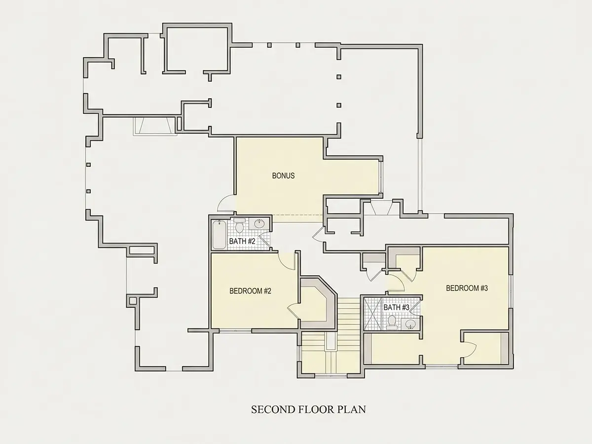 Second Floor 22 – 1.5-Story House Plan 1890 ft²: 3 Beds, Home Office, 3.5 Baths, Open Floor Plan, 2-Car Garage — 91640R