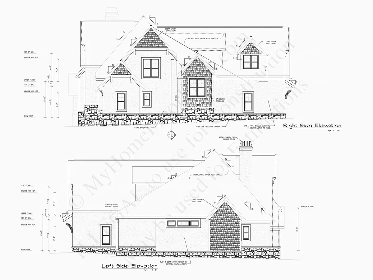 Exterior Elevations 20 – 1.5-Story House Plan 1890 ft²: 3 Beds, Home Office, 3.5 Baths, Open Floor Plan, 2-Car Garage — 91640R