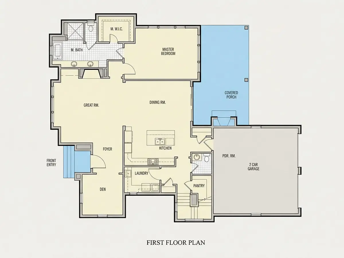 Main Floor 21 – 1.5-Story House Plan 1890 ft²: 3 Beds, Home Office, 3.5 Baths, Open Floor Plan, 2-Car Garage — 91640R