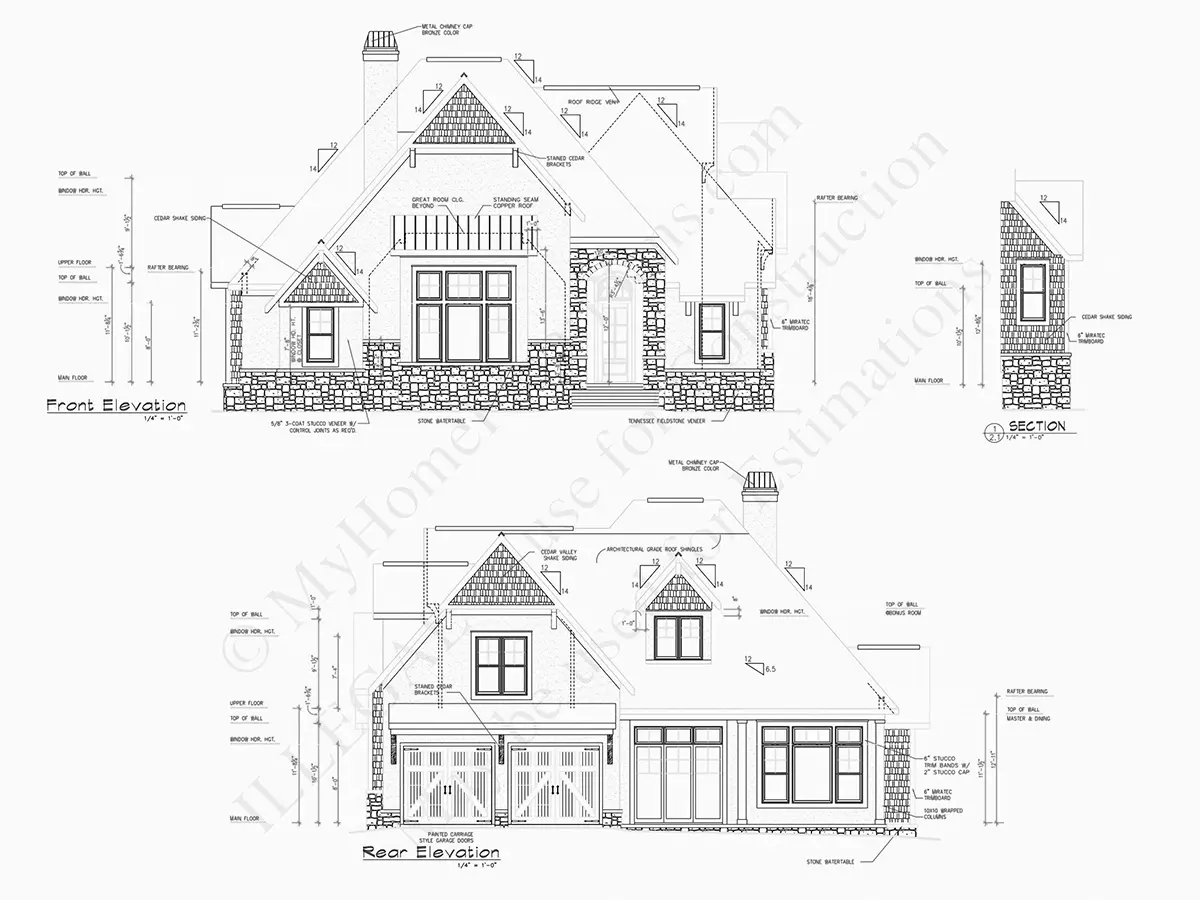 Exterior Elevations 19 – 1.5-Story House Plan 1890 ft²: 3 Beds, Home Office, 3.5 Baths, Open Floor Plan, 2-Car Garage — 91640R