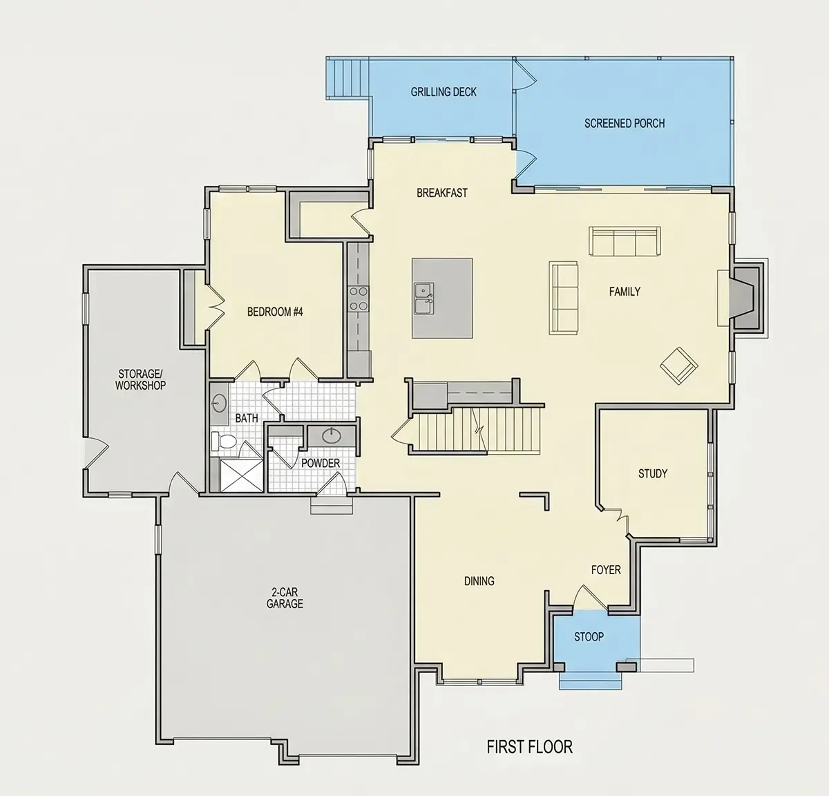 Main Floor 12 – 2-Story House Plan 3590 ft²: 4 Beds, Home Office, 4.5 Baths, Open Floor Plan, 2-Car Garage — 74831R
