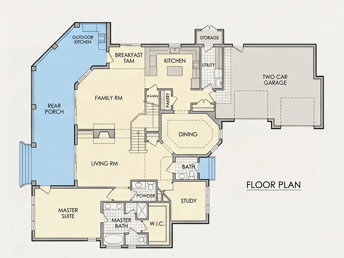 Main Floor 28 – 2-Story House Plan 3565 ft²: 4 Beds, Home Office, 4.5 Baths, Open Floor Plan, 2-Car Garage — 20933R