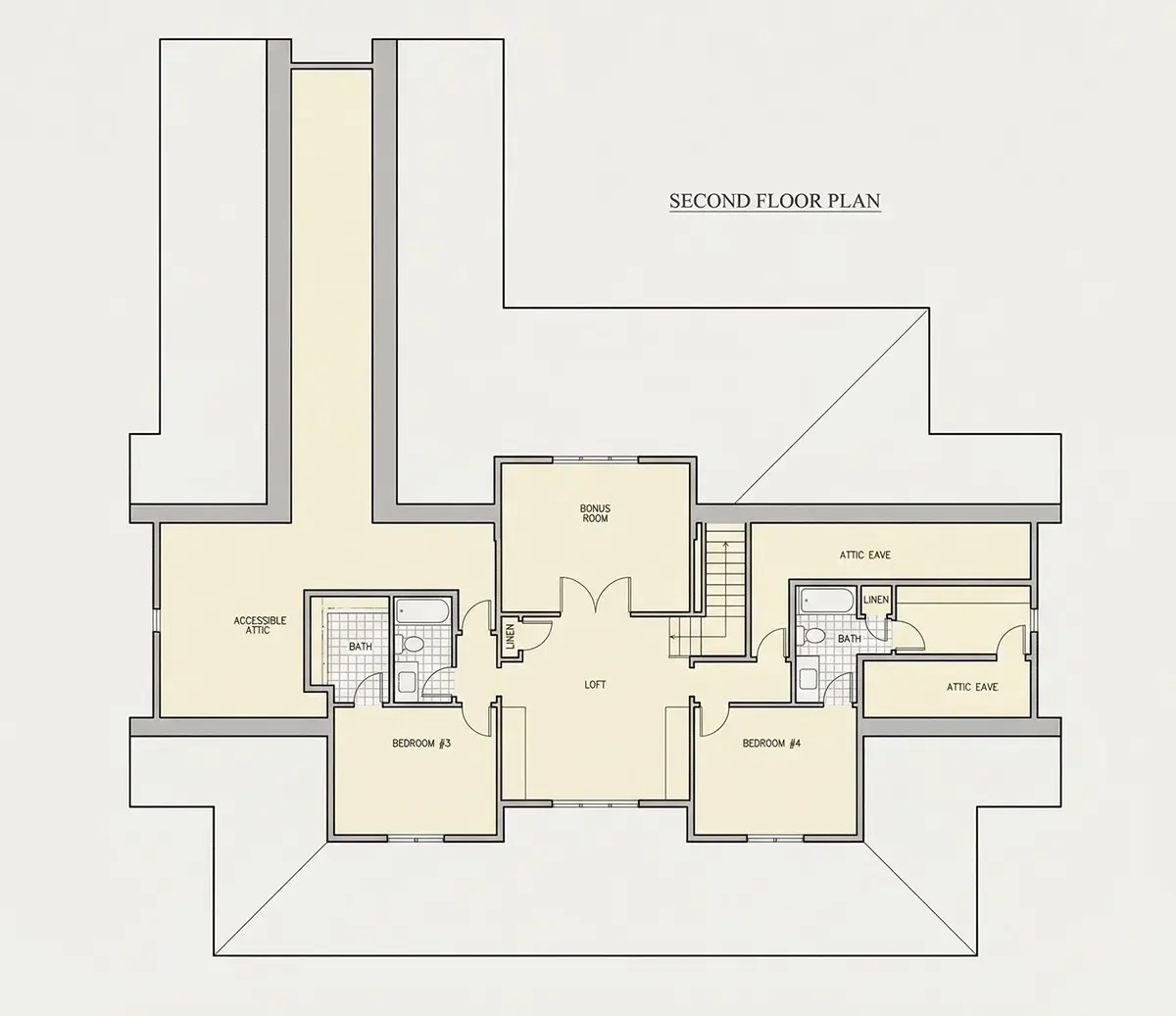 Second Floor 22 – 1.5-Story House Plan 3669 ft²: 4 Beds, Home Office, 4.5 Baths, Open Floor Plan, 3-Car Garage — 11321R