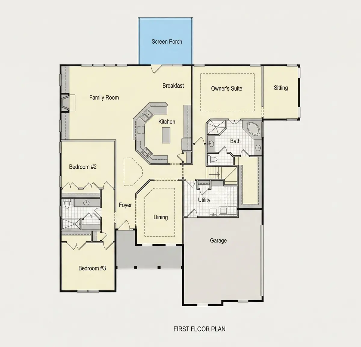 Main Floor 27 – 1.5-Story House Plan 2836 ft²: 3 Beds, 3 Baths, Open Floor Plan, 2-Car Garage — 85125R