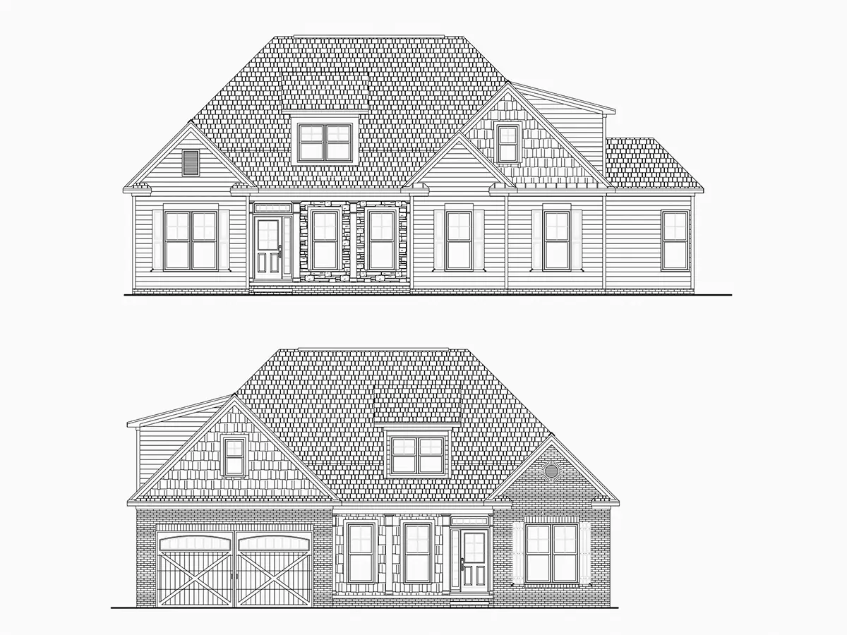 Exterior Elevations 11 – 1.5-Story House Plan 2836 ft²: 3 Beds, 3 Baths, Open Floor Plan, 2-Car Garage — 85125R