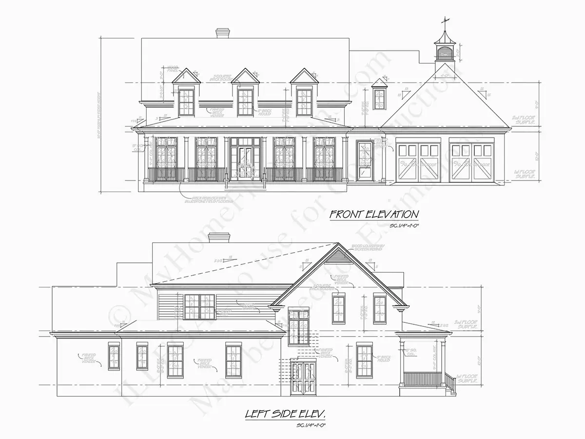 Exterior Elevations 8 – 2-Story House Plan 6086 ft²: 6 Beds, 6 Baths, 2-Car Garage — 25088R