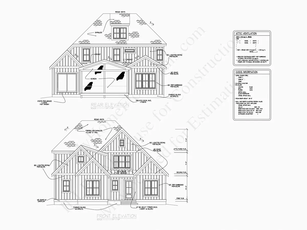 Exterior Elevations 7 – 2-Story House Plan 3143 ft²: 4 Beds, 3.5 Baths, Open Floor Plan, 2-Car Garage — 77487R