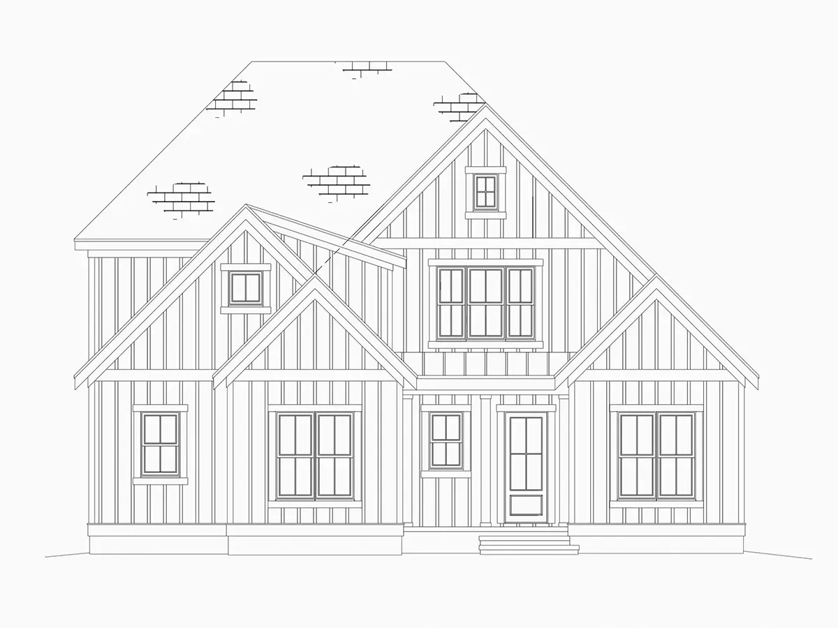 Exterior Elevations 6 – 2-Story House Plan 3143 ft²: 4 Beds, 3.5 Baths, Open Floor Plan, 2-Car Garage — 77487R