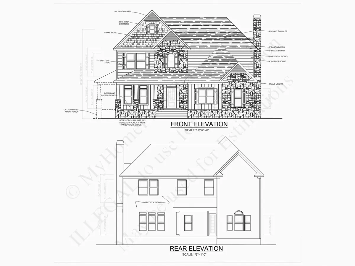 Exterior Elevations 24 – 2-Story House Plan 2655 ft²: 3 Beds, 2.5 Baths, Open Floor Plan, 2-Car Garage — 83552R