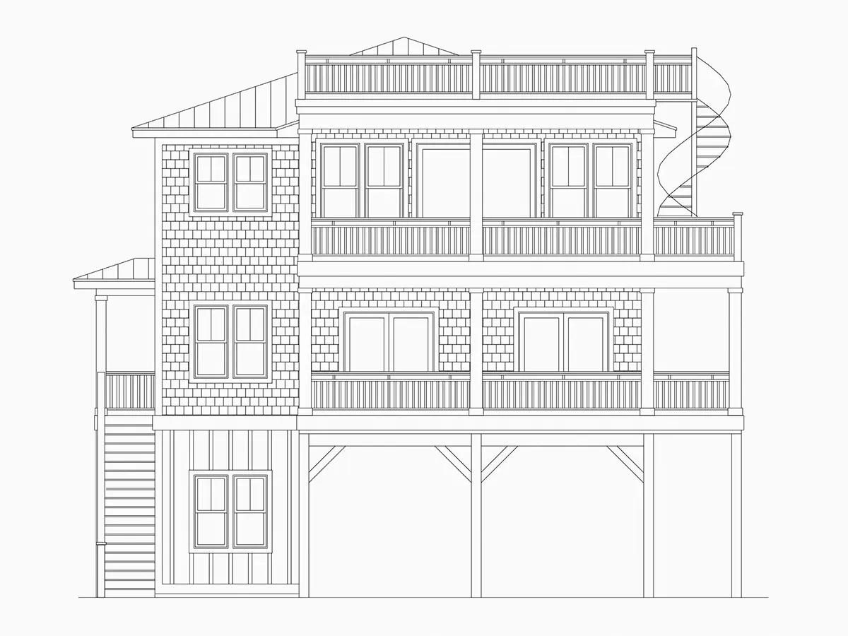 Exterior Elevations 5 – 3-Story House Plan 6098 ft²: 6 Beds, Home Office, 3.5 Baths, Open Floor Plan, 4-Car Garage — 55440R