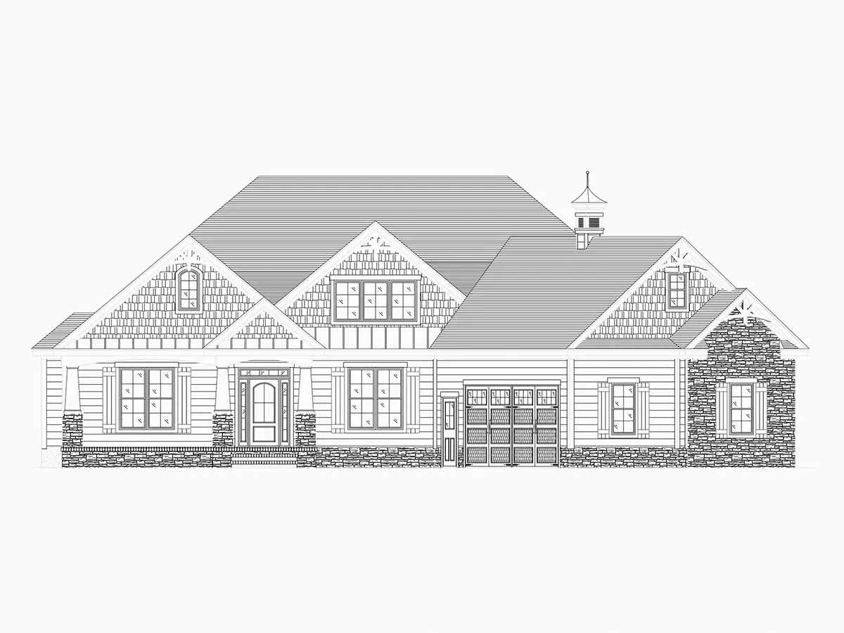 Exterior Elevations 22 – 1.5-Story House Plan 3783 ft²: 3 Beds, Home Office, 3.5 Baths, Open Floor Plan, 2-Car Garage — 29718R