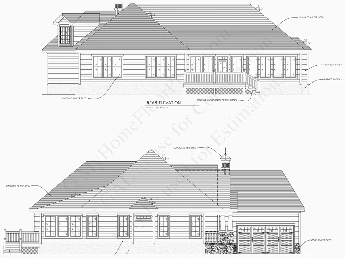 Exterior Elevations 24 – 1.5-Story House Plan 3783 ft²: 3 Beds, Home Office, 3.5 Baths, Open Floor Plan, 2-Car Garage — 29718R
