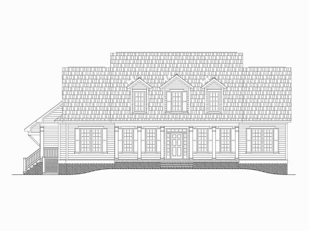 Exterior Elevations 6 – 1.5-Story House Plan 3215 ft²: 4 Beds, Home Office, 3.5 Baths, Open Floor Plan, 3-Car Garage — 28129R